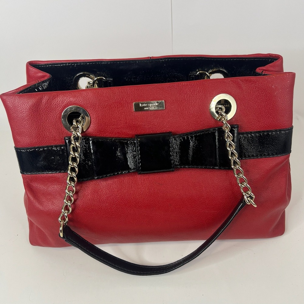 Kate Spade New York Red Leather Black Patent Bow Tie Tote Bag Gold Chain Y2K-I-4